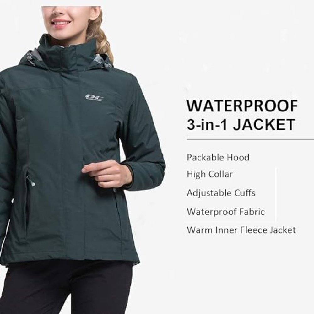 Diamond Candy 3-in-1 Green Winter Hooded Jacket Waterproof Rain Coat Warm Fleece